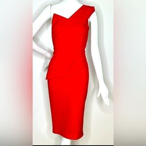 Roland Mouret Sz 2 Red Crepe Wool Pernice One Shoulder Back Zip Dress